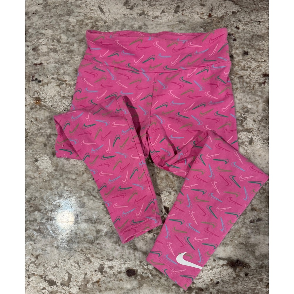 Nike Girls Pink Swoosh All Over Print Active Leggings Size M 5-6 Years